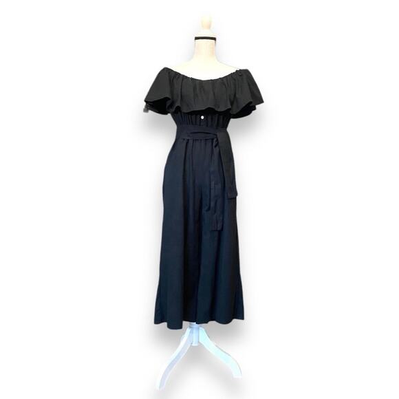 Faithfull The Brand Wide Leg Jumpsuit Sz US 4 Black Linen Ankle On Off Shoulder - Picture 3 of 15